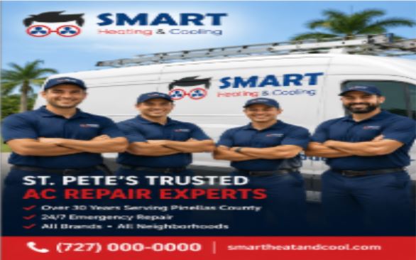 smart-heat-cool-ac-repair-team-st-pete.jpg" alt="Smart Heat & Cooling HVAC repair team standing in front of branded service van in St. Petersburg, Florida, highlighting trusted AC repair experts with 24/7 emergency service across Pinellas County.