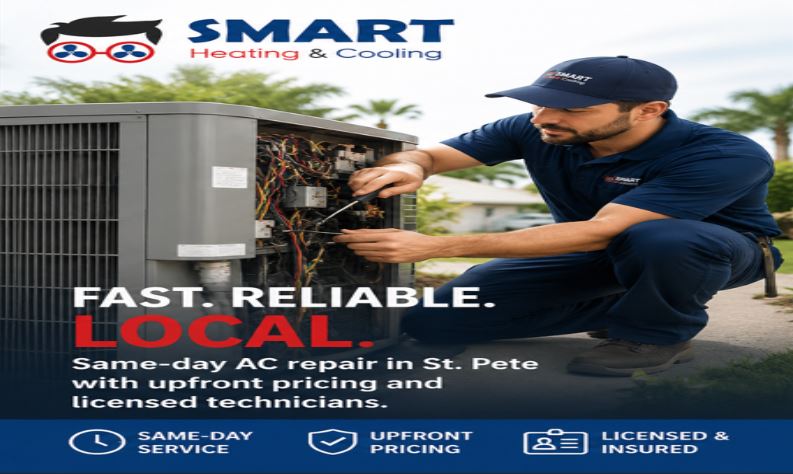 smart-heat-cool-ac-technician-st-pete.jpg" alt="Smart Heat & Cooling technician repairing an outdoor air conditioning unit in St. Petersburg, Florida, promoting same-day AC repair with licensed HVAC service and upfront pricing.