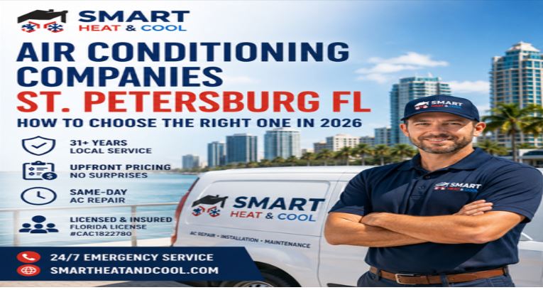 air-conditioning-companies-st-petersburg-fl-2026-1.jpg" alt="Smart Heat and Cool technician standing beside a service van in downtown St. Petersburg FL promoting AC repair, upfront pricing, same-day service, and 31 plus years of local HVAC experience.