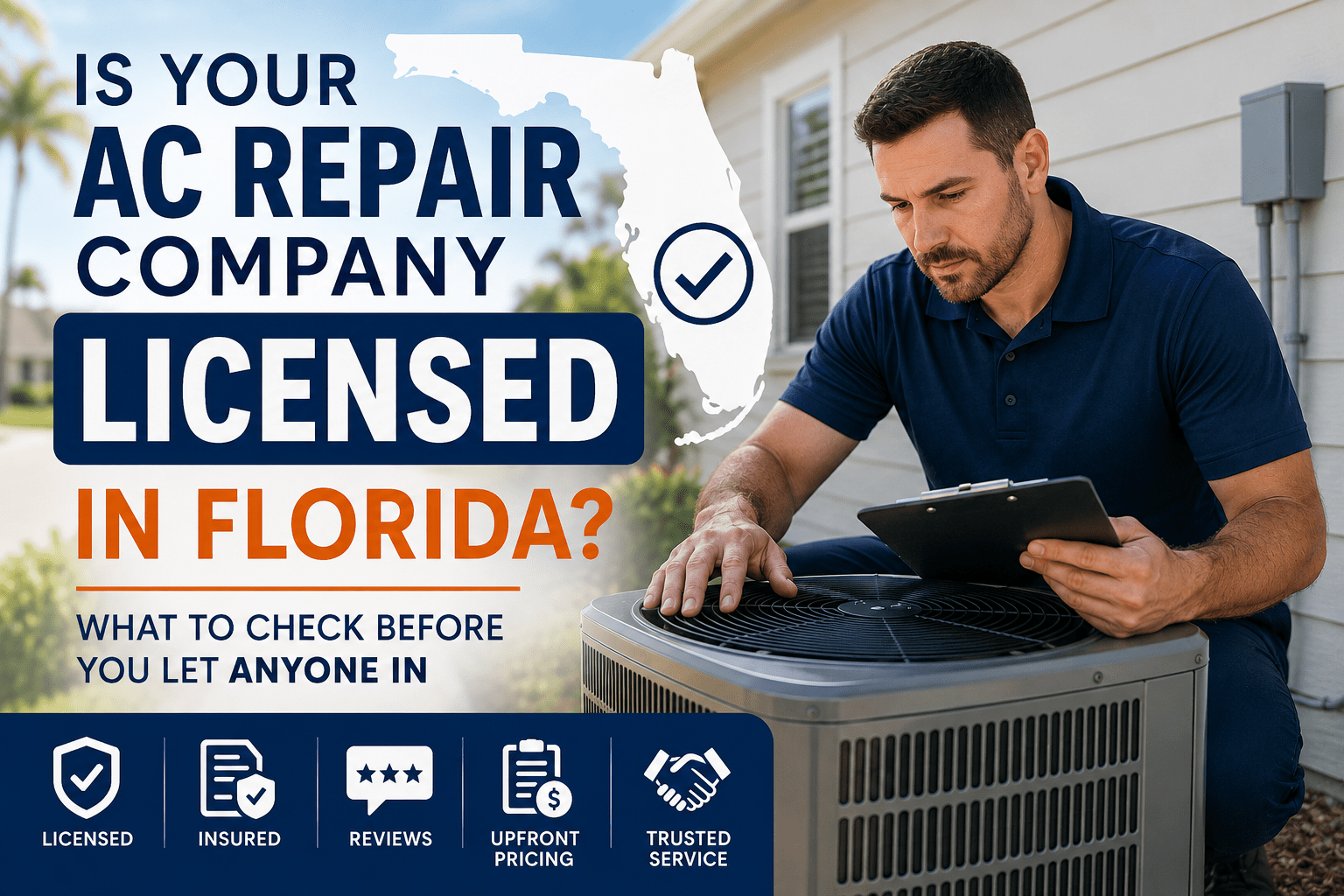 A/C Repair 6 HVAC technician inspecting an outdoor AC unit with licensed and insured Florida AC repair company checklist
