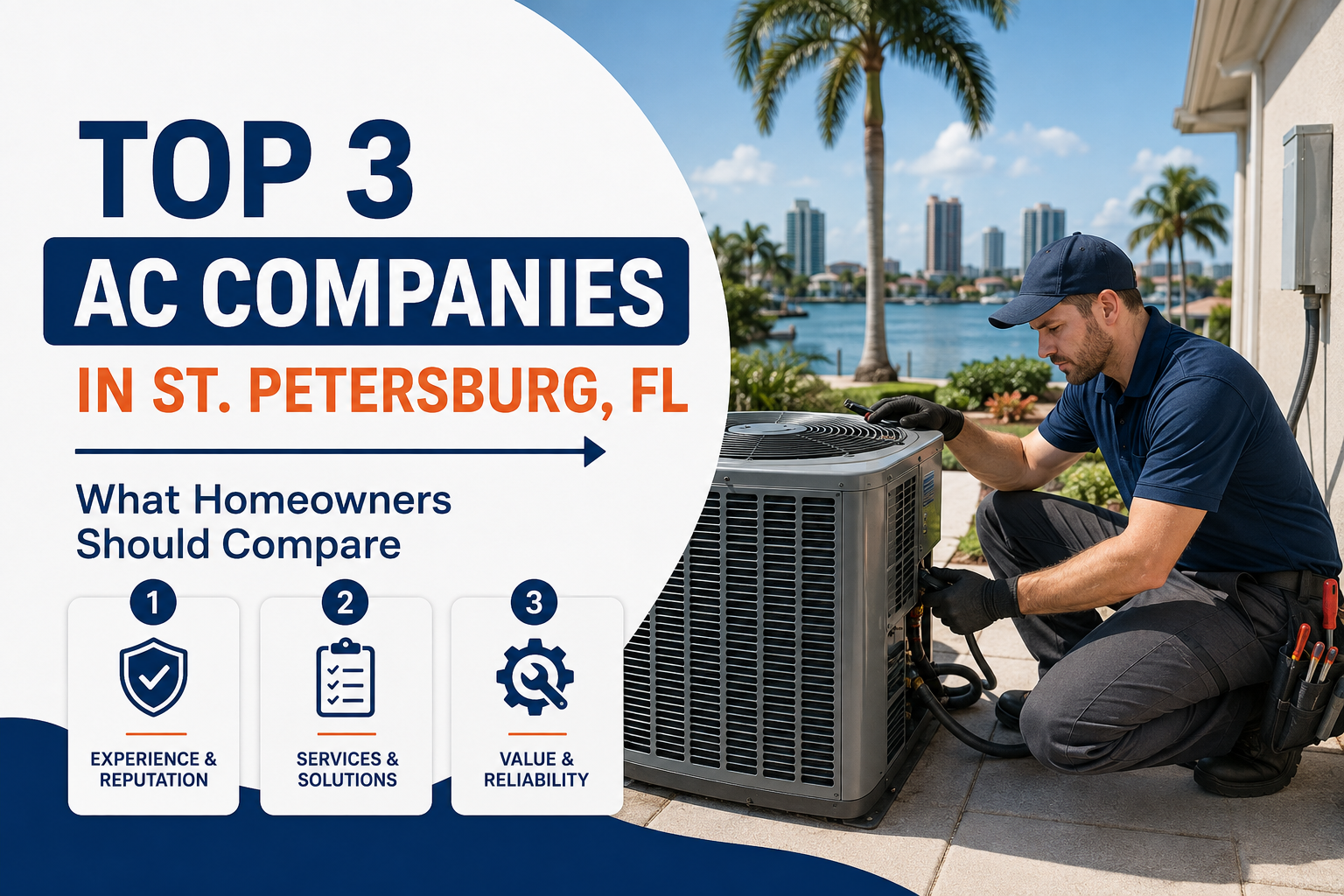 Top 3 AC companies in St. Petersburg, FL with HVAC technician servicing an outdoor air conditioning unit.